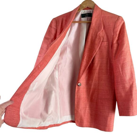 Orvis VTG 100% Silk Woven Blazer Jacket One Button Front Coral Pink Salmon Sz 10 - Picture 5 of 8